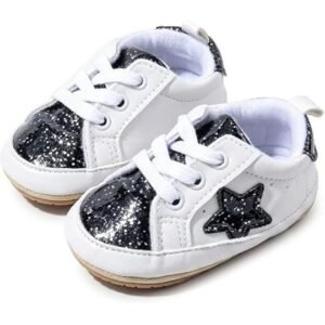 White baby sneakers sparkly black glitter toe cap
Sizes: 0-6/6-12/12-18
