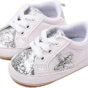 White baby sneakers sparkly Silver glitter toe cap
Sizes: 0-6/6-12